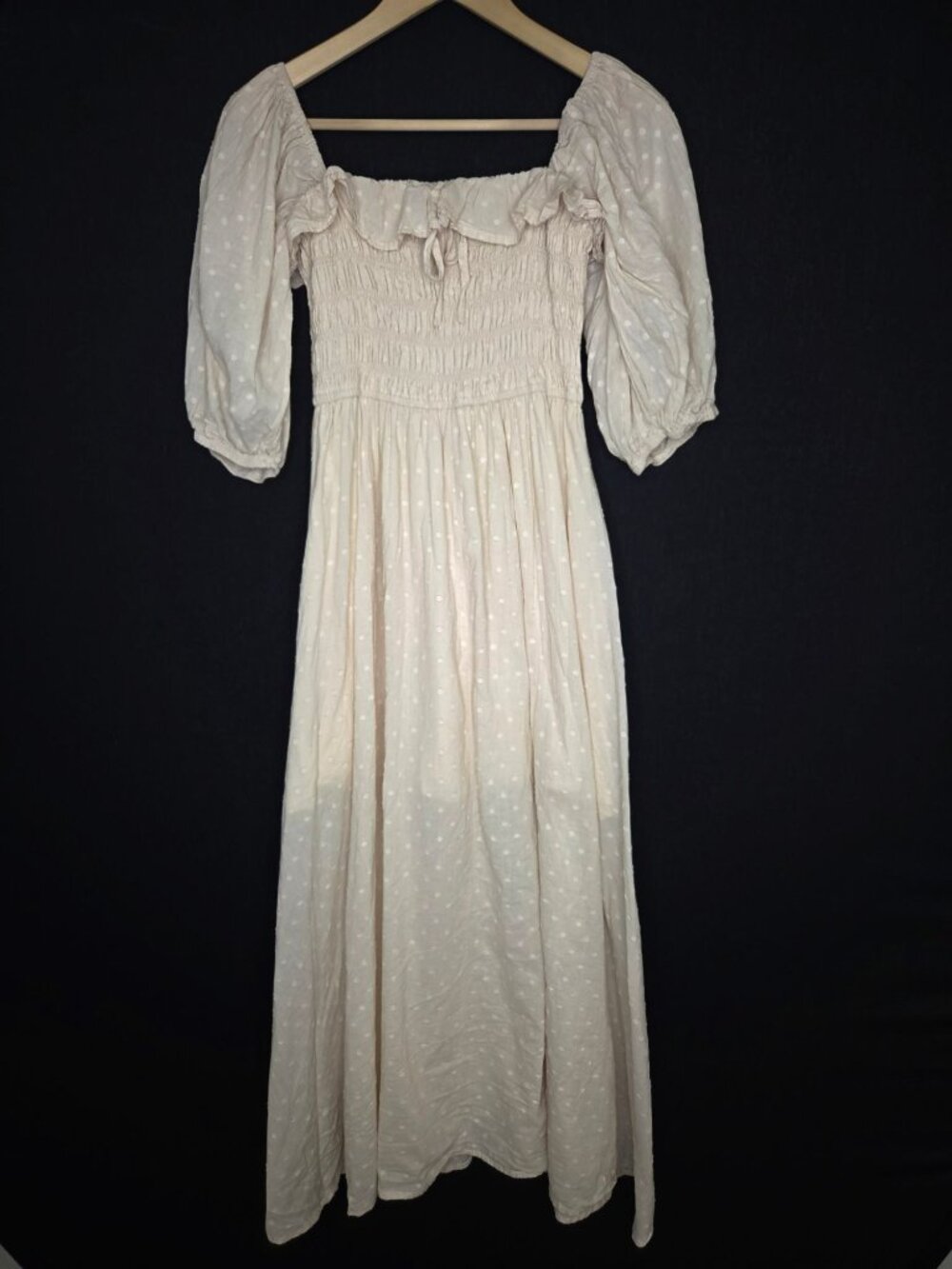 💙 R.Vivimos Cream Swiss Dot Smocked Maxi Dress Size 16/18 Puff Sleeve Cottageco